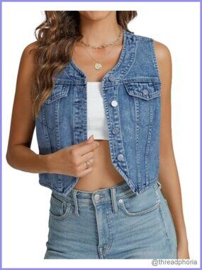 Women's Denim Vest V Neck Sleeveless Button Front Crop Jean Vest with Pockets